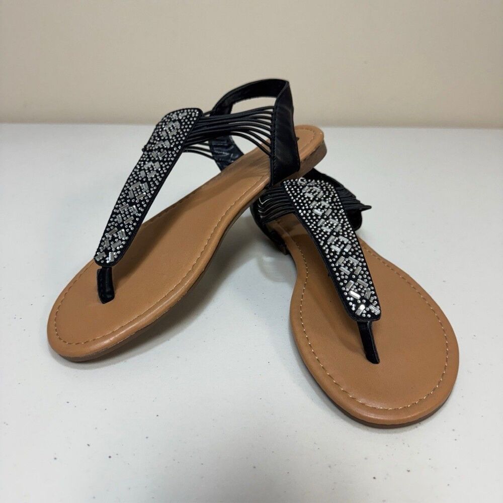 Embellished Black Sandals Women Medium 7.5 - 8.5 Thong Shoes Gladiator Flip Flop